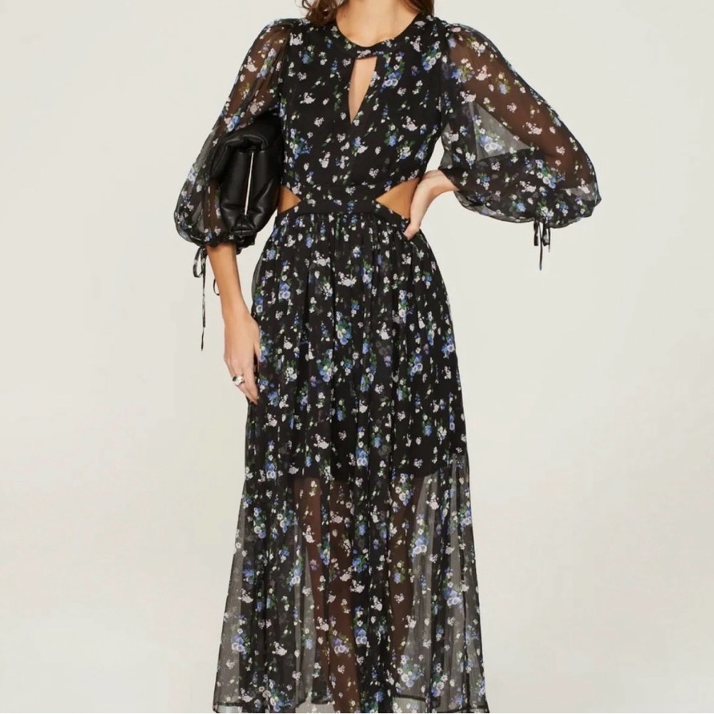 Maje Black and Blue Floral Long Sleeve Dress